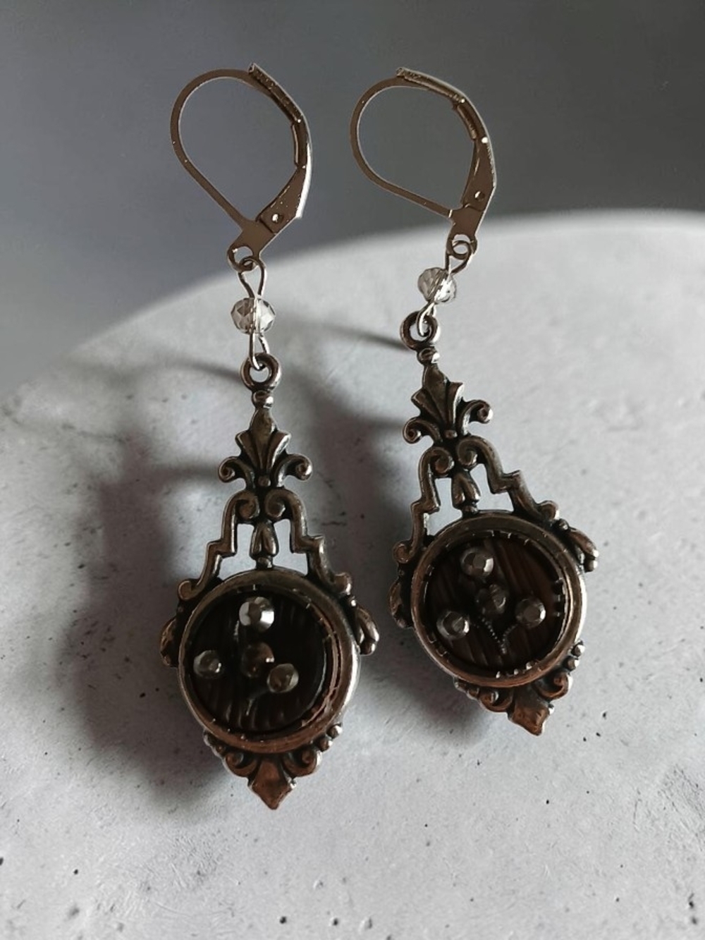 Antique Picture Button Earrings Cut Steel Rivets, MOP Oxidized Silver